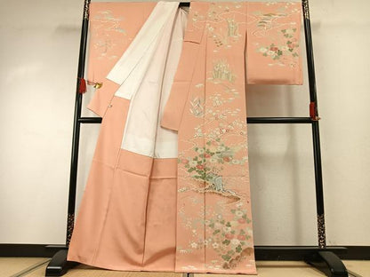 平和屋着物●訪問着　友禅　駒刺繍　御所車花文　暈し染め　金彩　正絹　逸品　AABG4810fy