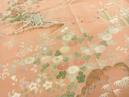 平和屋着物●訪問着　友禅　駒刺繍　御所車花文　暈し染め　金彩　正絹　逸品　AABG4810fy
