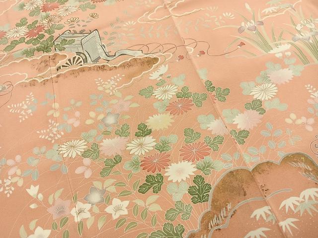 平和屋着物●訪問着　友禅　駒刺繍　御所車花文　暈し染め　金彩　正絹　逸品　AABG4810fy