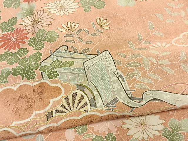 平和屋着物●訪問着　友禅　駒刺繍　御所車花文　暈し染め　金彩　正絹　逸品　AABG4810fy
