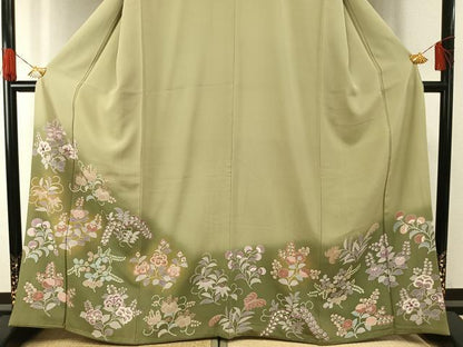 平和屋着物●豪華色留袖　友禅　駒刺繍　草花文　暈し染め　金彩　正絹　逸品　AABG4811fy