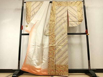 平和屋着物●訪問着　駒刺繍　斜縞花文　金彩　正絹　逸品　AABG4812fy