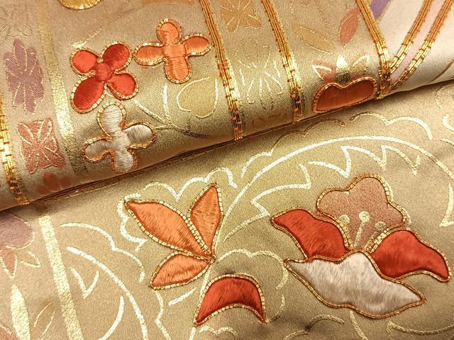 平和屋着物●訪問着　駒刺繍　斜縞花文　金彩　正絹　逸品　AABG4812fy
