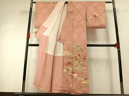 平和屋着物●アンティーク　大正ロマン　訪問着　駒刺繍　風景花文　正絹　逸品　AABG4814fy