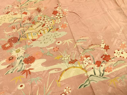 平和屋着物●アンティーク　大正ロマン　訪問着　駒刺繍　風景花文　正絹　逸品　AABG4814fy