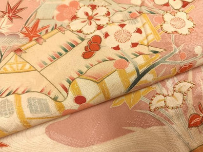 平和屋着物●アンティーク　大正ロマン　訪問着　駒刺繍　風景花文　正絹　逸品　AABG4814fy