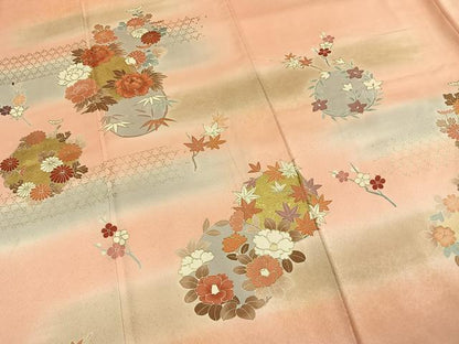 平和屋着物●訪問着　友禅　刺繍　草花文　暈し染め　金彩　正絹　逸品　AABG4815fy