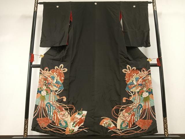 平和屋着物●アンティーク　大正ロマン　黒留袖　地紙御所車花鳥文　金彩　正絹　逸品　AABG4817fy