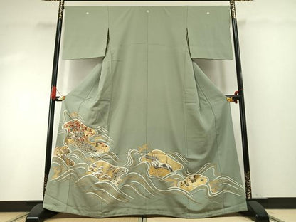 平和屋着物●豪華色留袖　友禅　駒刺繍　立波花鳥文　金彩　正絹　逸品　AABG4820fy