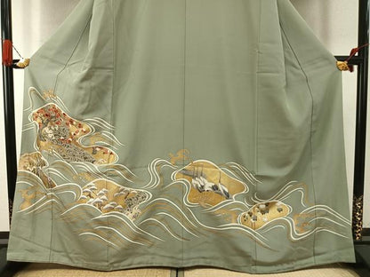平和屋着物●豪華色留袖　友禅　駒刺繍　立波花鳥文　金彩　正絹　逸品　AABG4820fy