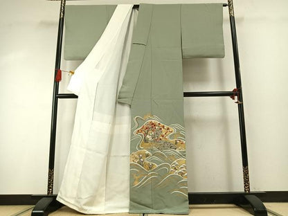 平和屋着物●豪華色留袖　友禅　駒刺繍　立波花鳥文　金彩　正絹　逸品　AABG4820fy