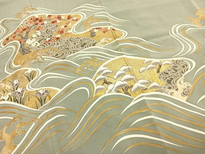 平和屋着物●豪華色留袖　友禅　駒刺繍　立波花鳥文　金彩　正絹　逸品　AABG4820fy