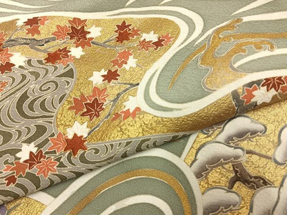 平和屋着物●豪華色留袖　友禅　駒刺繍　立波花鳥文　金彩　正絹　逸品　AABG4820fy