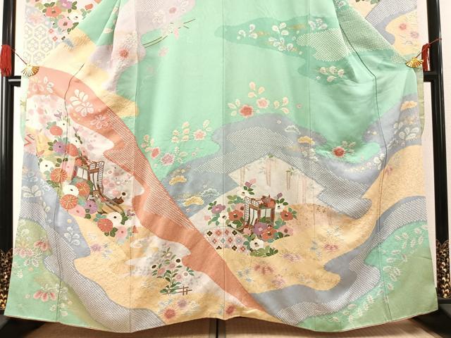 平和屋着物●豪華振袖　駒刺繍　絞り　御所車花文　金彩　正絹　逸品　AABG4826fy