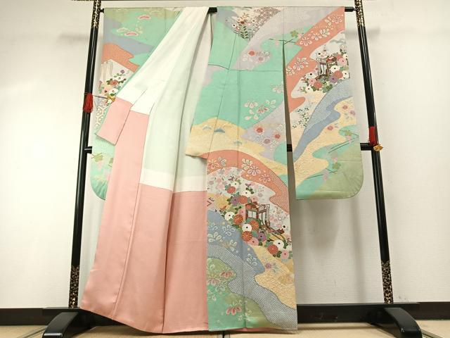 平和屋着物●豪華振袖　駒刺繍　絞り　御所車花文　金彩　正絹　逸品　AABG4826fy