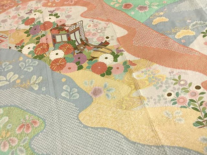 平和屋着物●豪華振袖　駒刺繍　絞り　御所車花文　金彩　正絹　逸品　AABG4826fy