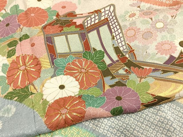 平和屋着物●豪華振袖　駒刺繍　絞り　御所車花文　金彩　正絹　逸品　AABG4826fy