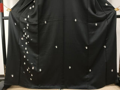 平和屋着物●訪問着　刺繍　人物文　黒地　銀糸　銀彩　正絹　逸品　AABG4833fy