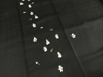 平和屋着物●訪問着　刺繍　人物文　黒地　銀糸　銀彩　正絹　逸品　AABG4833fy