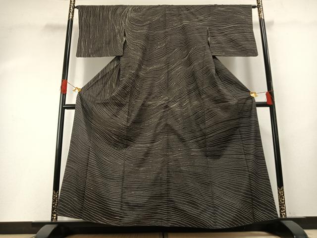 平和屋着物●上質な紬　よろけ縞　黒地　正絹　逸品　AABG4835fy