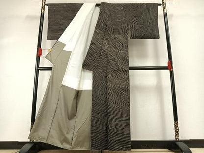 平和屋着物●上質な紬　よろけ縞　黒地　正絹　逸品　AABG4835fy