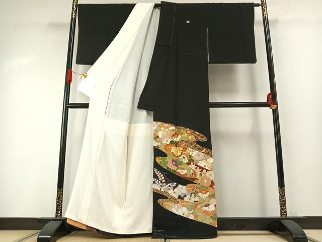 平和屋着物●創業460年・千總　黒留袖　駒刺繍　道長花文　金彩　正絹　逸品　AABG4837fy