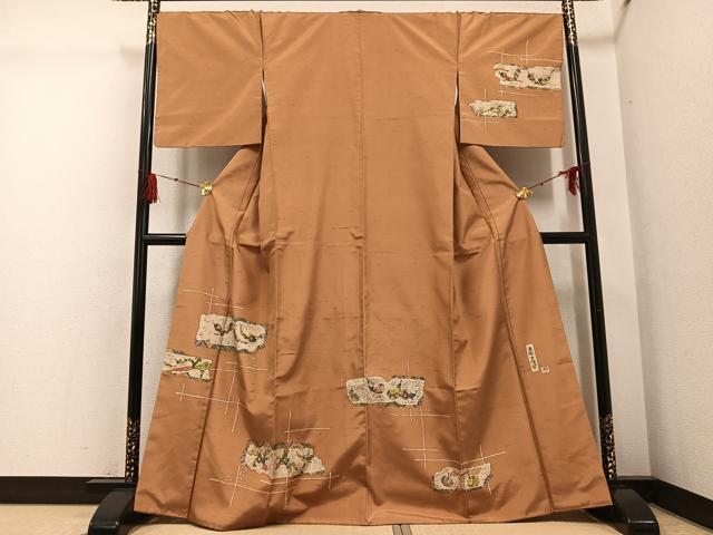 平和屋着物●手彫木版染　佐伯武晴　訪問着　紬地　成り物　正絹　逸品　AABG4843ph