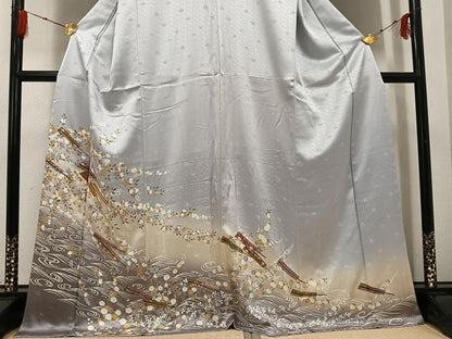 平和屋着物●訪問着　駒刺繍　舞扇花文　暈し染め　金彩　正絹　逸品　AABG4848ph