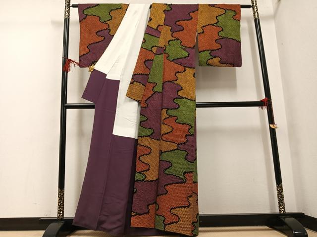 平和屋着物●上質な小紋　総絞り　幾何学文様　正絹　逸品　AABG4858ph