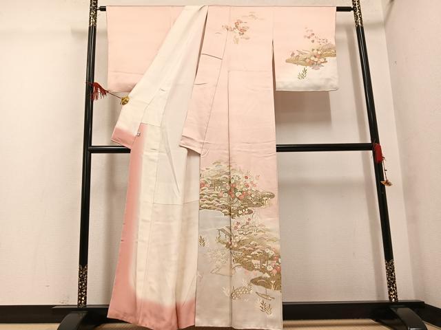 平和屋着物●訪問着　友禅　駒刺繍　松竹梅　風景籬文　暈し染め　金彩　松坂屋扱い　正絹　逸品　AABG4862ph