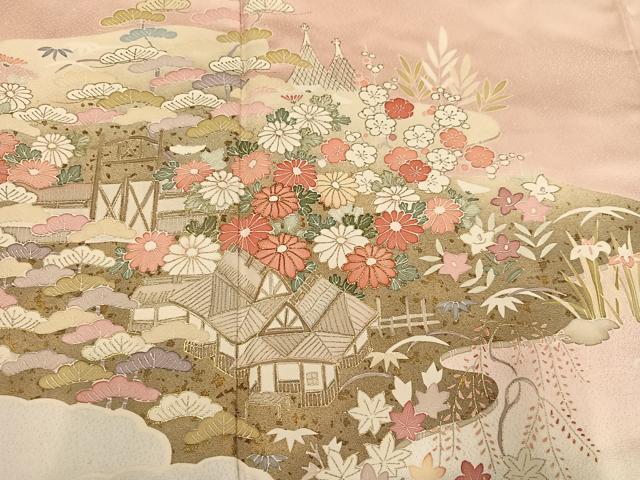 平和屋着物●訪問着　友禅　駒刺繍　松竹梅　風景籬文　暈し染め　金彩　松坂屋扱い　正絹　逸品　AABG4862ph
