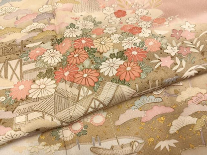 平和屋着物●訪問着　友禅　駒刺繍　松竹梅　風景籬文　暈し染め　金彩　松坂屋扱い　正絹　逸品　AABG4862ph