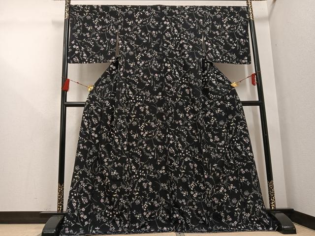 平和屋着物●上質な小紋　草花文　黒地　ロング丈　正絹　逸品　AABG4863ph