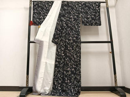 平和屋着物●上質な小紋　草花文　黒地　ロング丈　正絹　逸品　AABG4863ph