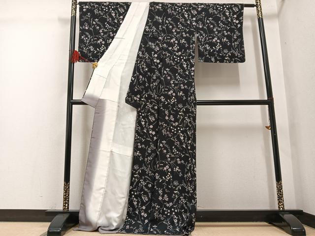 平和屋着物●上質な小紋　草花文　黒地　ロング丈　正絹　逸品　AABG4863ph