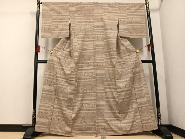 平和屋着物●本真綿結城紬　100亀甲　古代人物文　正絹　逸品　AABG4868ph