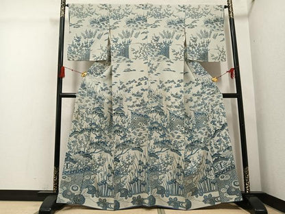 平和屋着物●訪問着　藍　型染め　草花文　正絹　逸品　AABG4871ph