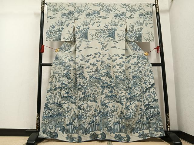 平和屋着物●訪問着　藍　型染め　草花文　正絹　逸品　AABG4871ph