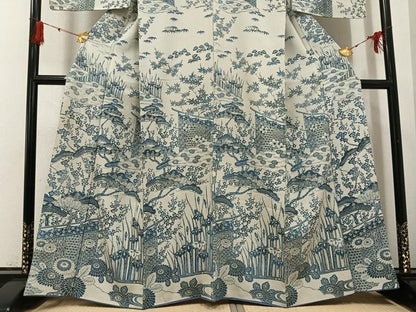 平和屋着物●訪問着　藍　型染め　草花文　正絹　逸品　AABG4871ph
