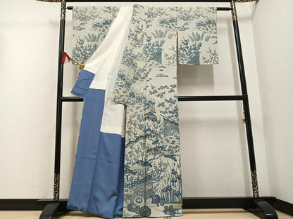 平和屋着物●訪問着　藍　型染め　草花文　正絹　逸品　AABG4871ph