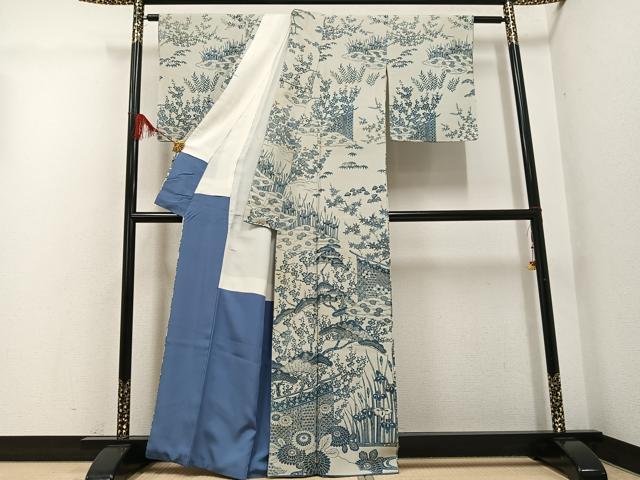 平和屋着物●訪問着　藍　型染め　草花文　正絹　逸品　AABG4871ph