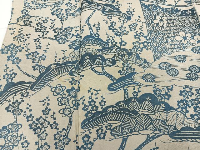 平和屋着物●訪問着　藍　型染め　草花文　正絹　逸品　AABG4871ph