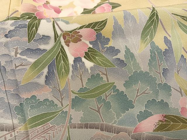 平和屋着物●十日町友禅作家　岡村蒼風　訪問着　渡橋草花文　暈し染め　正絹　逸品　AABG4872ph