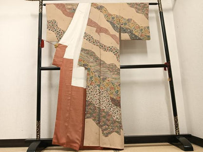 平和屋着物●西岡都巳二　紅型　訪問着　花鳥文　鬼しぼ縮緬　正絹　逸品　AABG4874ph