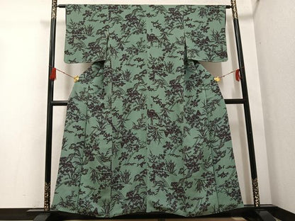 平和屋着物●上質な小紋　型染め　草花文　鬼しぼ縮緬　正絹　逸品　AABG4875ph