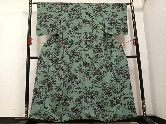 平和屋着物●上質な小紋　型染め　草花文　鬼しぼ縮緬　正絹　逸品　AABG4875ph