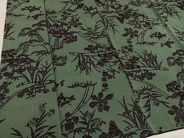 平和屋着物●上質な小紋　型染め　草花文　鬼しぼ縮緬　正絹　逸品　AABG4875ph