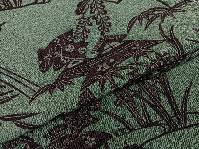 平和屋着物●上質な小紋　型染め　草花文　鬼しぼ縮緬　正絹　逸品　AABG4875ph