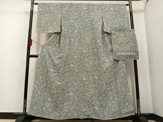 平和屋着物●越後型松煙染　紺仁　十一代　松井均　小紋　更紗文　丹後ちりめん　反端付き　正絹　逸品　AABG4895ph