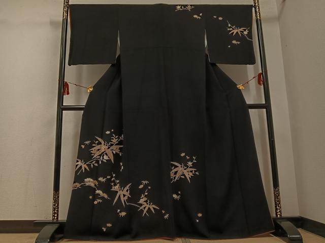 平和屋着物●訪問着　友禅　松竹梅　黒地　金彩　鬼しぼ縮緬　正絹　逸品　AABG4901ph